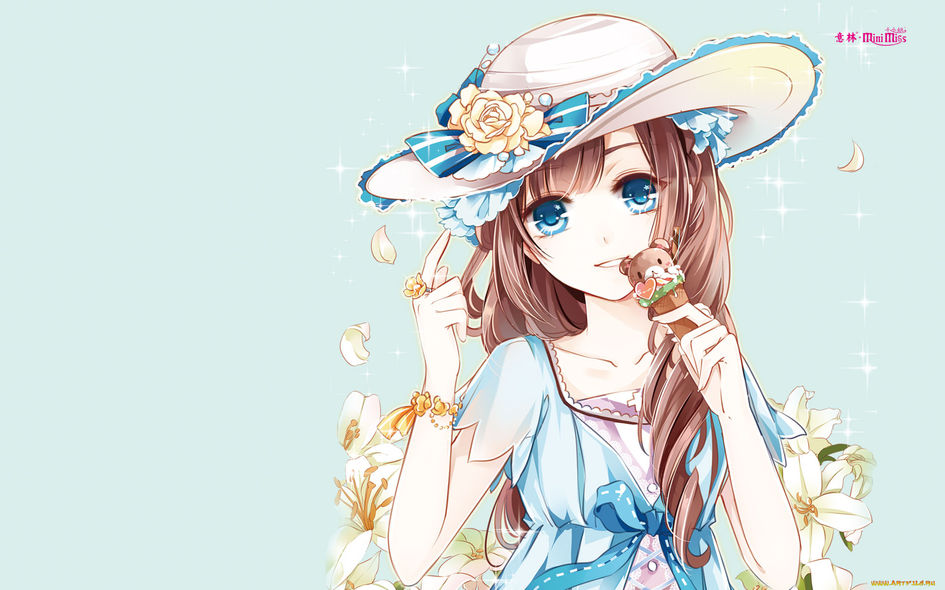 Девочка аниме в шляпе с цветами